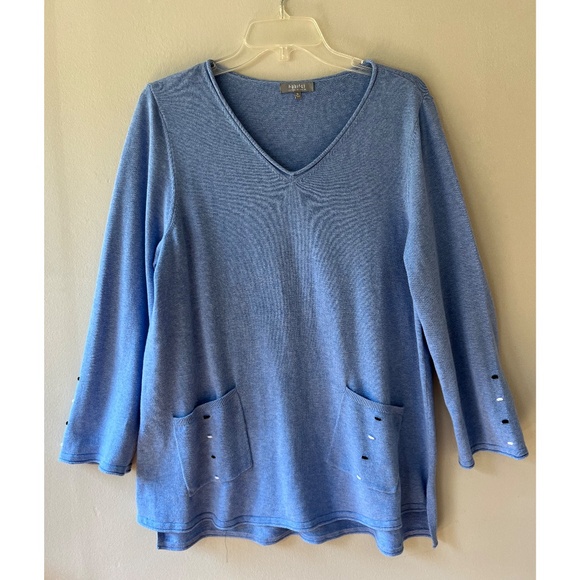 Habitat Sz M Stretch Blue Front Pocket Cotton Swing Tunic Sweater Blouse V Neck - Picture 1 of 8